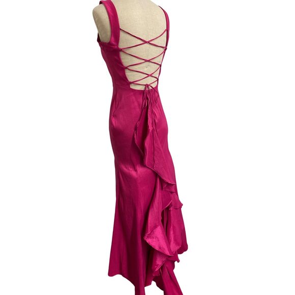 Jump Apparel By Wendye Chalin Fuchsia Satin Mermaid Dress With Back Lace-Up Deta - Picture 9 of 10